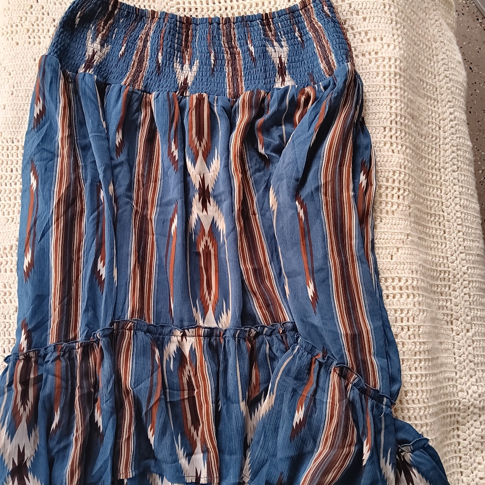 ARIAT JACOBO CHIMAYO SOUTHWESTERN AZTEC PRINT RUFFLED HI LOW HEM MIDI SKIRT - Picture 11 of 15